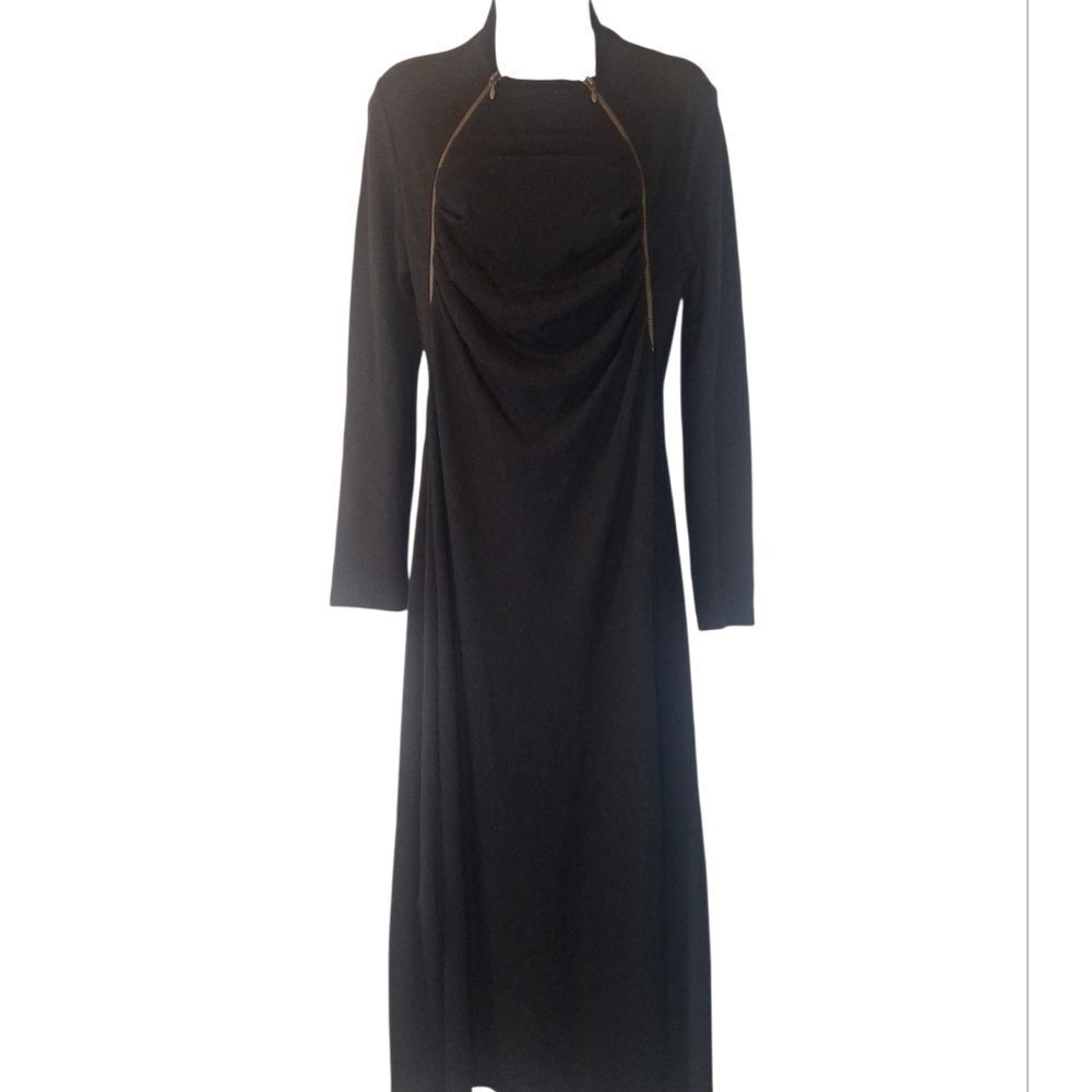 Ronen Chen black long sleeve midi dress with zipper detail and bubble hem 3